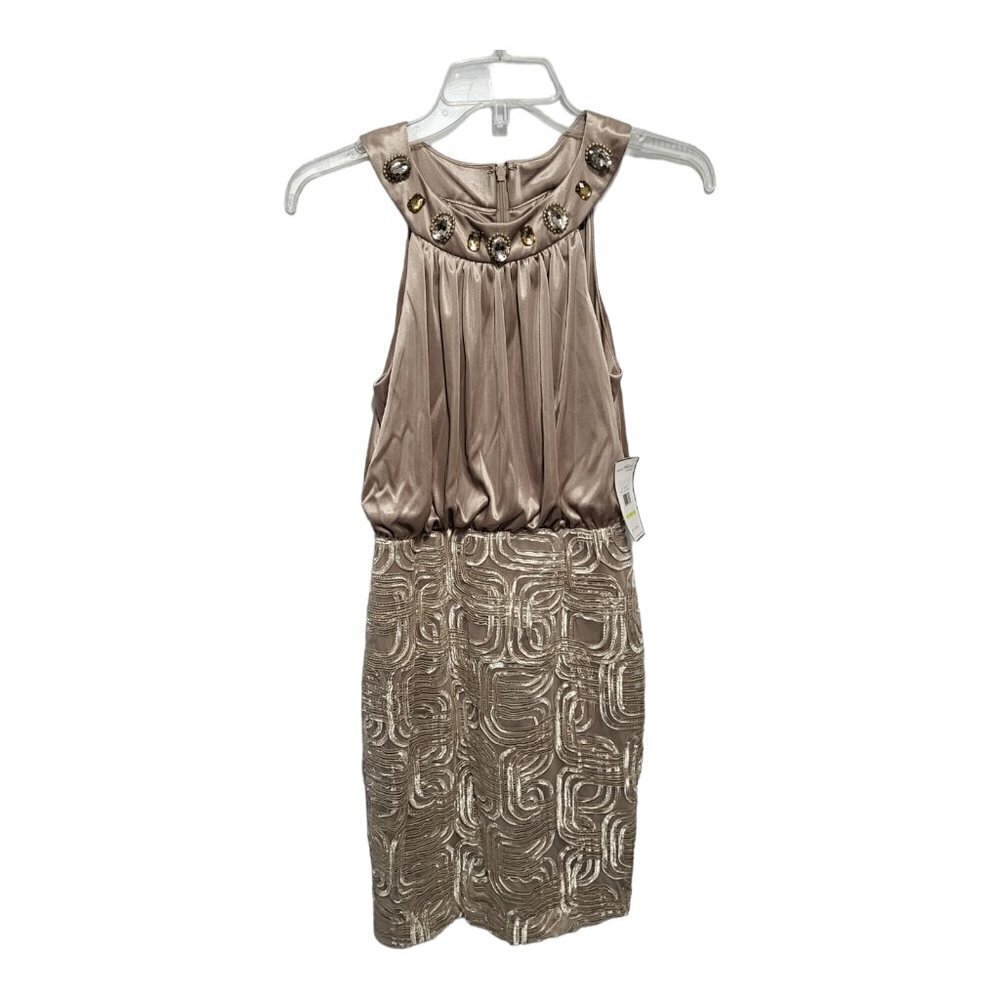 Jessica Howard Beige Taupe Satin Embellished Cocktail Dress Elegant Size 4